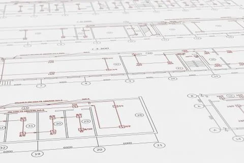 Architect plans, technical project drawing with fire alarm detectors Stock Illustration