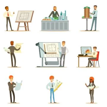Architect Profession Series Of Vector Illustrations With Architects Designing Ilustración de archivo