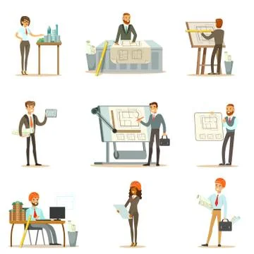 Architect Profession Set Of Vector Illustrations With Architects Designing Ilustración de archivo