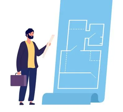 Architect with project. Vector man engineer character. Professional architect Stock Illustration