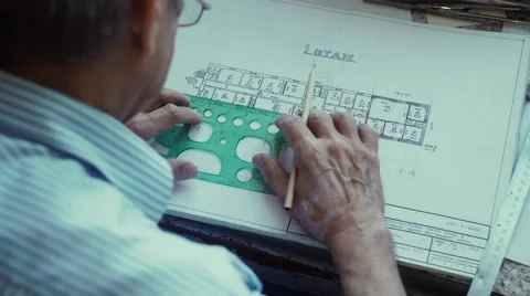 Architect puts a protractor to draw the line and drawing in pencil Video stock 68146283