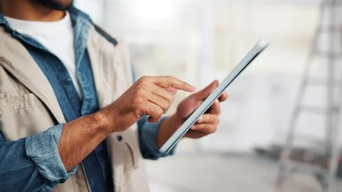 Architect, research and hands with tablet in building, info or plan for property Stock Photos