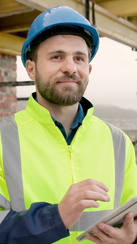 Architect, research and man with tablet in city, thinking or planning for home Stock Footage 338012406