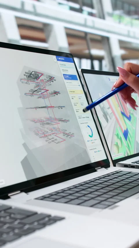 Architect Reviews 3D Building Model On Laptop Stock Footage 346330012