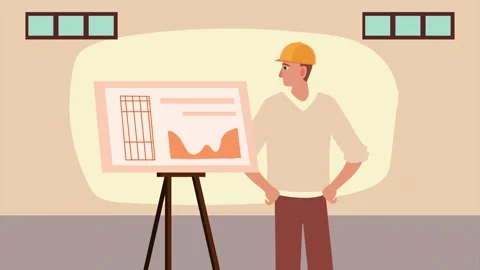 Architect reviews blueprint for construction project on easel. Stock Footage 339072656