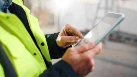 Architect, scroll and hands with tablet in building, search or plan for property Stock Photos