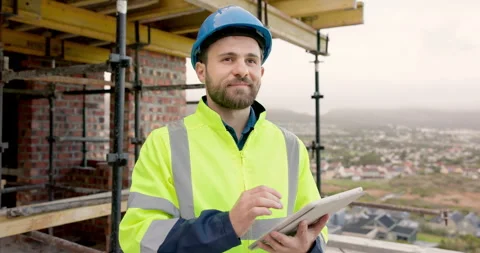 Architect, scroll and happy man with tablet on building site, info and plan for Stock Footage 337631621
