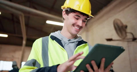 Architect, scroll and happy man with tablet on construction site, inspection or Video stock 337988539