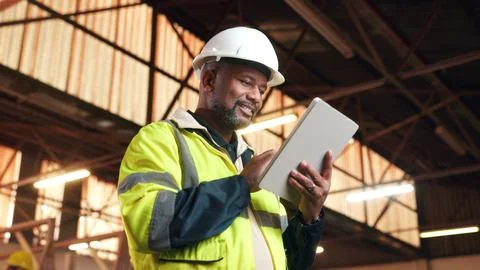 Architect, scroll and happy man with tablet on construction site, research .. Stock-Fotos