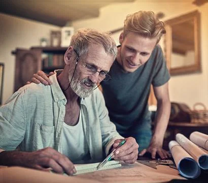 Architect, senior man and apprentice with documents together for learning Stock Photos