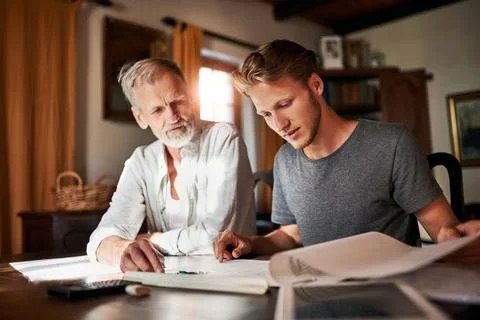 Architect, senior man and apprentice with documents together for learning Stock Photos