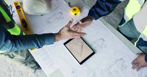 Architect, shaking hands and team at tablet with blueprint, contract agreement Stock Footage 336778653