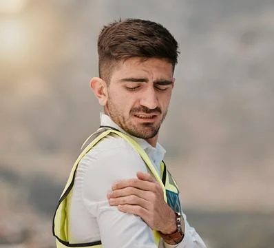 Architect shoulder pain, problem and hurt man with anatomy injury, medical Stock Photos