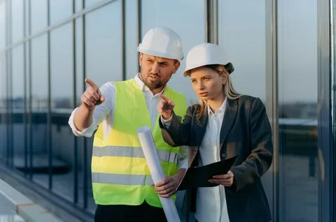 The architect shows the engineer the completed work. male and female talkin.. Stock Photos