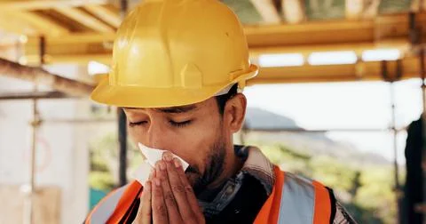 Architect, sick or man blowing nose with tissue for influenza, disease or virus Stock Photos