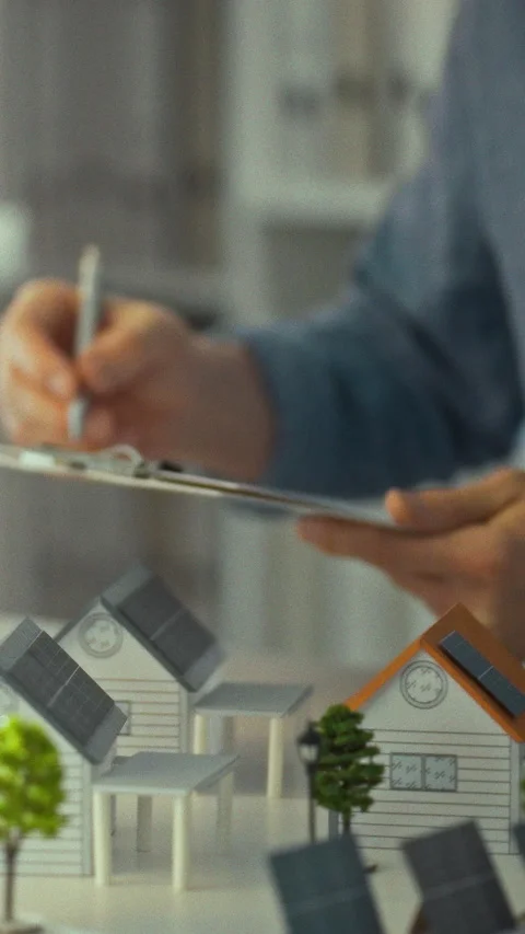 An architect sits at a drafting table noting data in a journal while designi Stock Footage 331795049