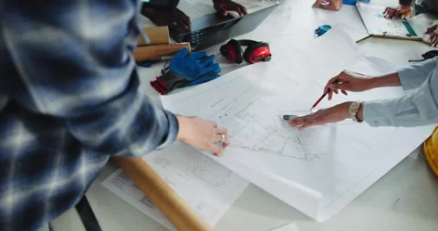 Architect, sketch and hands with blueprint in office, team or tablet with data Stock Footage 341376815