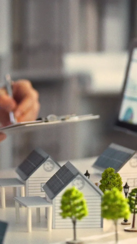 An architect sketches plans and jots notes while studying a scale model of e Stock Footage 334396529