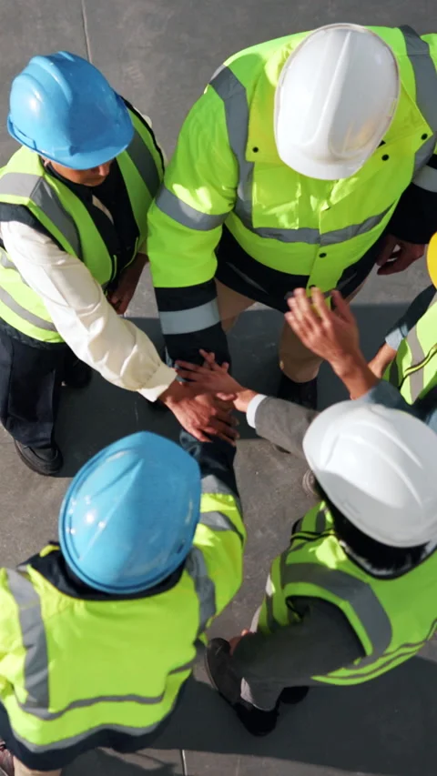Architect, solidarity and hand stack with team, above or motivation for project Stock Footage 342313650