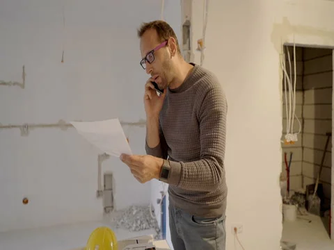 Architect speaking on cellphone about project and having an argument, steadycam  Video stock 76509763