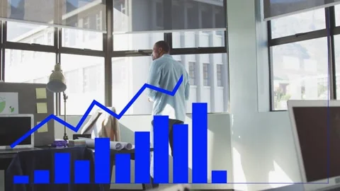 Architect standing by window, data feed building animated chart, reaching phone Vídeos de archivo 333790054
