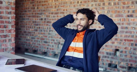 Architect, stretching and man on break in building, relax and done with Stock Footage 336802777