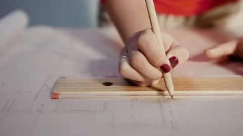 Architect Student Draws Lines On Plan With Rule Stock Footage 56363034