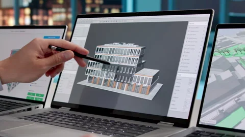 Architect Studies 3D Model Designs On Laptop Stock Footage 331519222