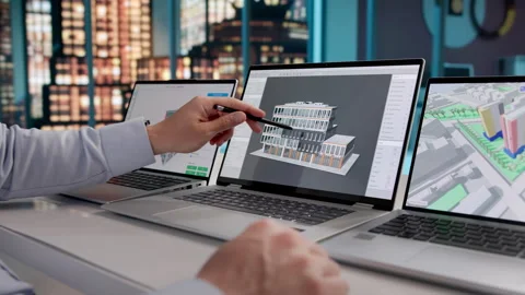 Architect Studies 3D Model Designs On Laptop Stock Footage 332499690