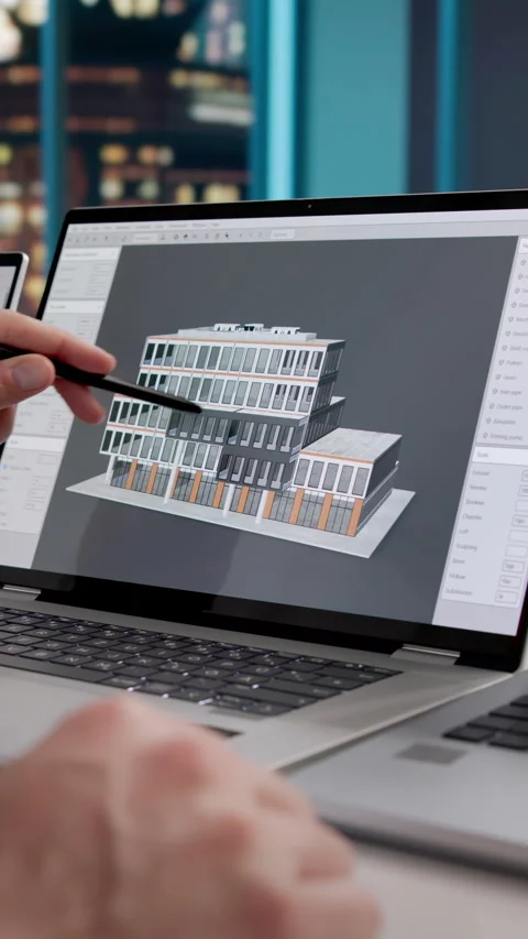 Architect Studies 3D Model Designs On Laptop Stock Footage 332500733