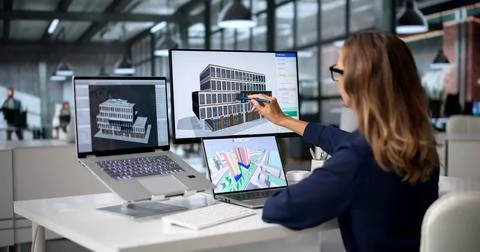 Architect Studies Detailed 3D BIM Model On Laptop For Urban Planning. Foto stock