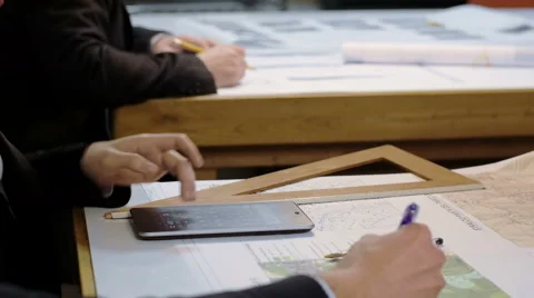 Architect studio teamwork: people working on maps and blueprints Video stock 49784324