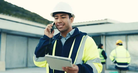 Architect, supervisor or tablet with phone call on construction site for Stock Footage 345644023