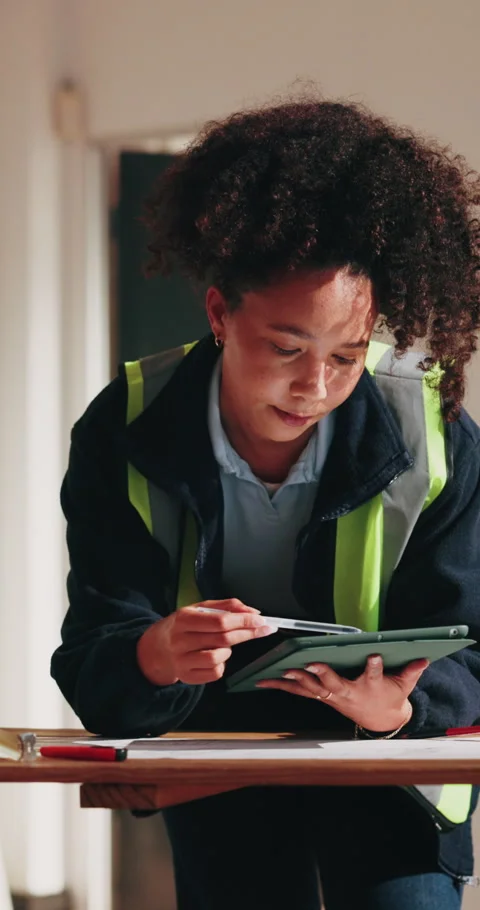 Architect, tablet and blueprint for construction site, inspection check or Stock Footage 342329266