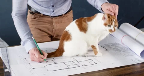 Architect takes notes on building plan while cat sits nearby Video stock 243830714