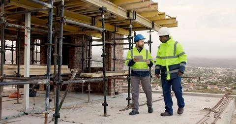 Architect, talking and men with tablet on construction site, reflection and.. Stock Photos