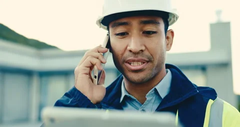 Architect, talking or tablet with phone call on construction site for building Stock Footage 345644842
