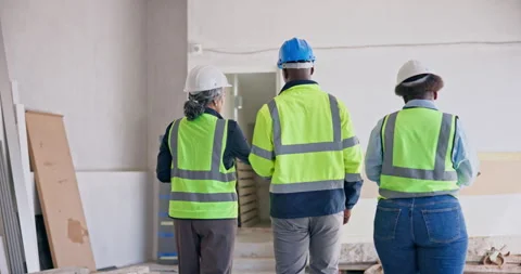Architect, team and building with inspection for construction safety Stock Footage 345334337