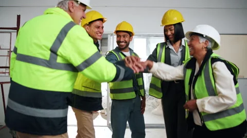 Architect, team and hand stack for construction, motivation and celebration for Stock Footage 341552246