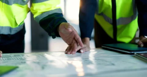 Architect, team and hands in office with blueprint, discussion or collaboration Stock Footage 340631312
