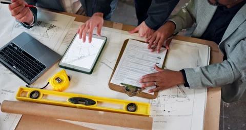 Architect, team and hands with tablet screen for construction planning or Stock Footage 338108037