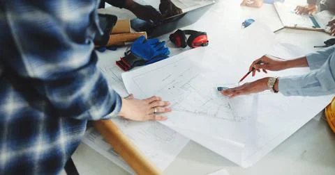 Architect, team and hands with technical drawing for blueprint, property Stock Photos