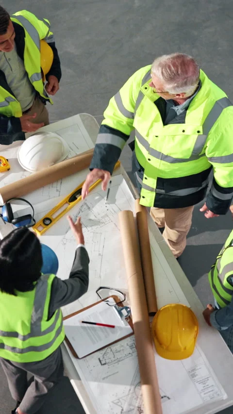Architect, team and handshake on site with blueprint, design or engineer Video stock 342313678