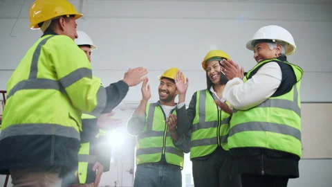 Architect, team and high five at site for construction, motivation and success Stock Footage 341567612