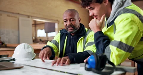 Architect, team and men with blueprint in workshop for construction planning or Stock Footage 338046883