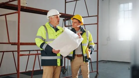 Architect, team and men with blueprint in building, conversation or planning for Stock Photos