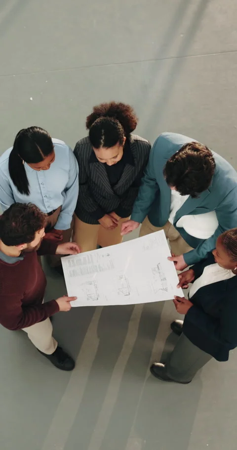 Architect, team and planning with blueprint for building design, meeting or Stock Footage 342090863