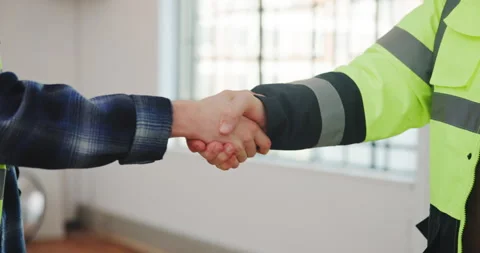 Architect, team and shaking hands with supervisor in building, agreement or real Stock Footage 341466382