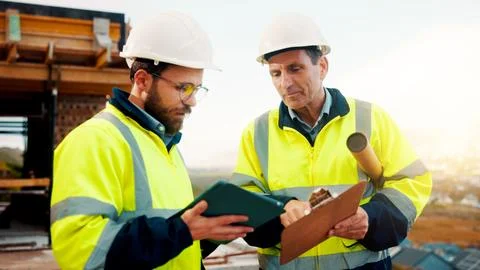 Architect, team and tablet with checklist for construction planning, project Stock Photos