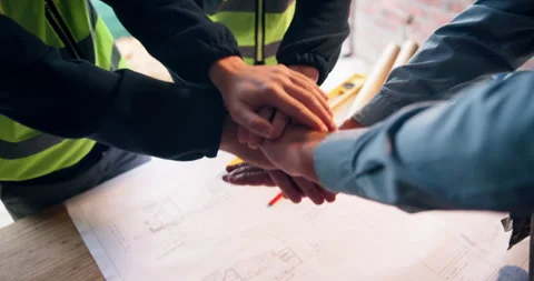 Architect, team or blueprint with hands together for building design, mission or Stock Footage 337032190